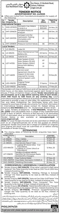 Sui Northern Gas Company Limited Tender Notice